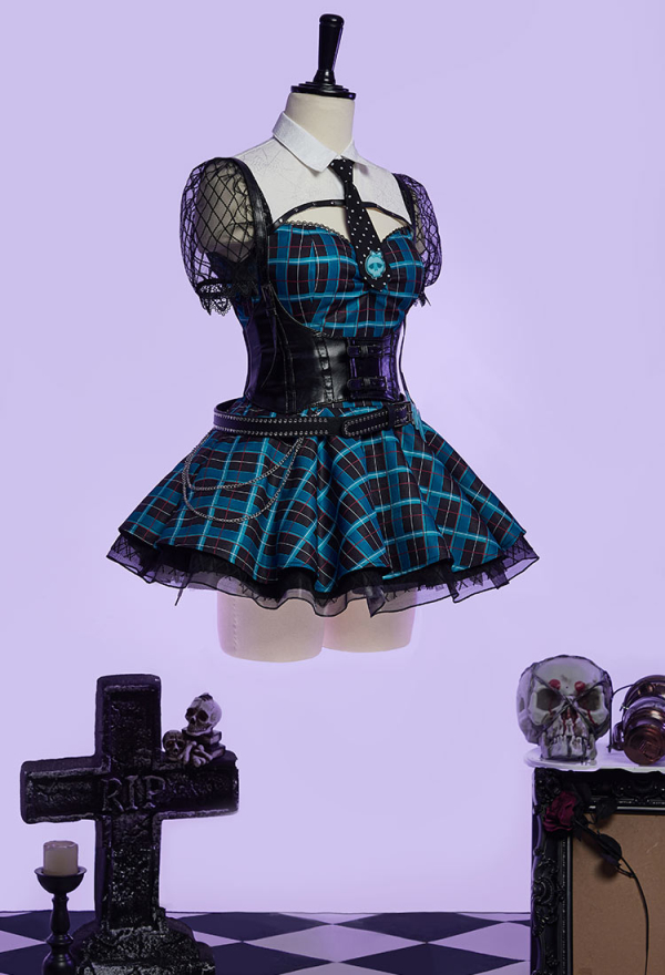 Haunted Night Gothic Blue Black Plaid Dress Dark Style Patchwork Dress with Waistband and Tie Haunted Night Gothic Blue Black Plaid Dress Dark Style Patchwork Dress with Waistband and Tie