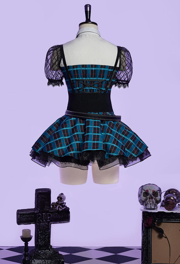 Haunted Night Gothic Blue Black Plaid Dress Dark Style Patchwork Dress with Waistband and Tie Haunted Night Gothic Blue Black Plaid Dress Dark Style Patchwork Dress with Waistband and Tie