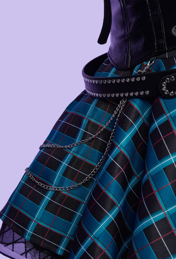 Haunted Night Gothic Blue Black Plaid Dress Dark Style Patchwork Dress with Waistband and Tie Haunted Night Gothic Blue Black Plaid Dress Dark Style Patchwork Dress with Waistband and Tie