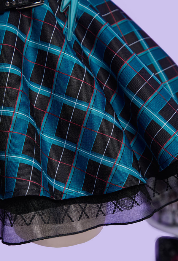 Haunted Night Gothic Blue Black Plaid Dress Dark Style Patchwork Dress with Waistband and Tie Haunted Night Gothic Blue Black Plaid Dress Dark Style Patchwork Dress with Waistband and Tie