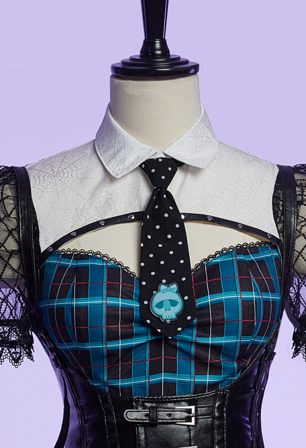 Haunted Night Gothic Blue Black Plaid Dress Dark Style Patchwork Dress with Waistband and Tie Haunted Night Gothic Blue Black Plaid Dress Dark Style Patchwork Dress with Waistband and Tie