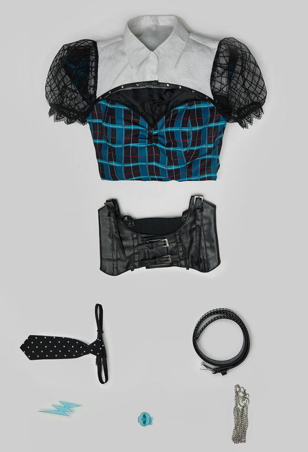 Haunted Night Gothic Blue Black Plaid Dress Dark Style Patchwork Dress with Waistband and Tie Haunted Night Gothic Blue Black Plaid Dress Dark Style Patchwork Dress with Waistband and Tie
