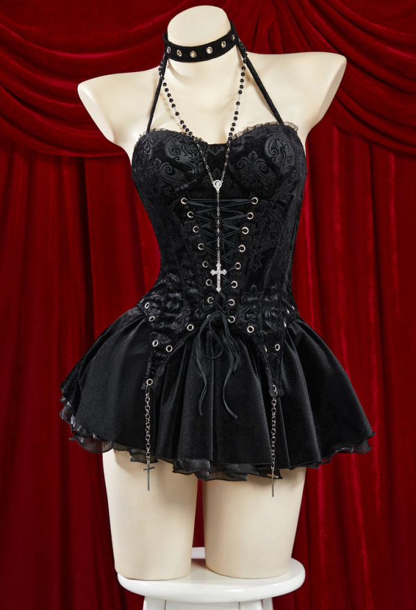 Miss Misa Gothic Black Corset Skirt Set Lace-up Halter Corset and Layered Skirt with Gloves