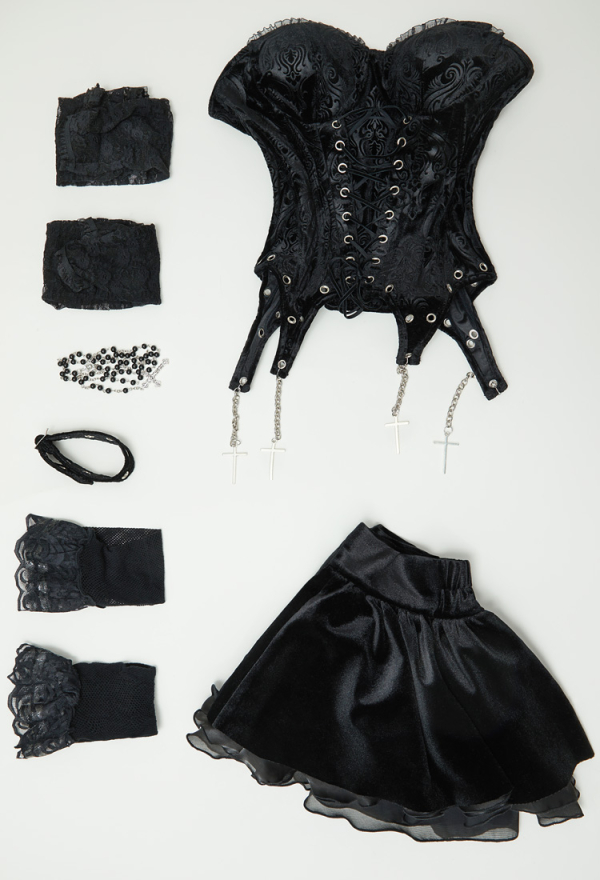 Miss Misa Gothic Black Corset Skirt Set Lace-up Halter Corset and Layered Skirt with Gloves