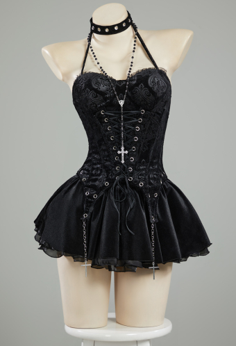 Miss Misa Gothic Black Corset Skirt Set Lace-up Halter Corset and Layered Skirt with Gloves
