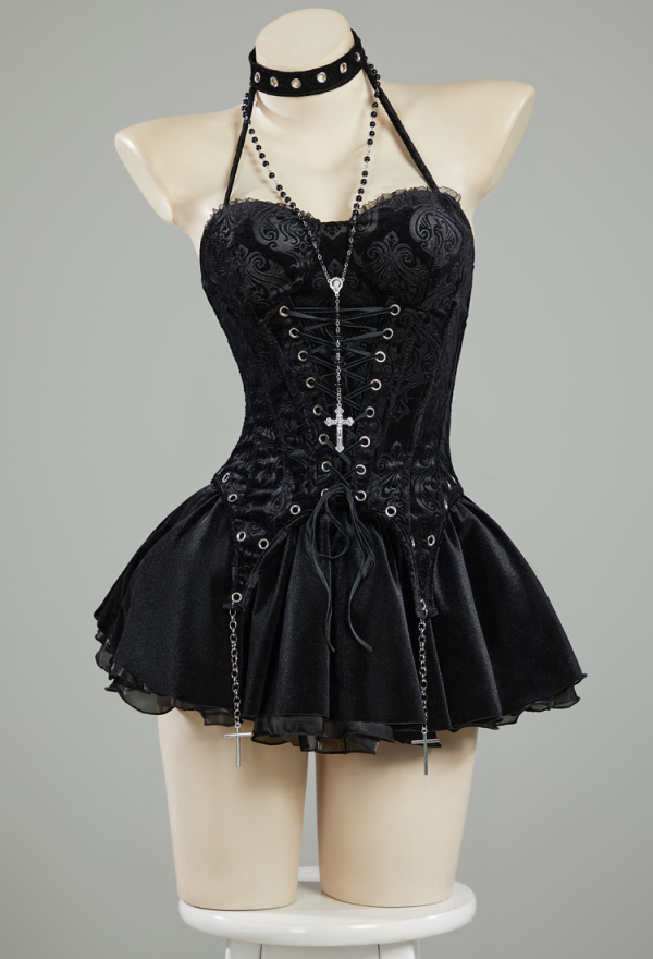 Miss Misa Gothic Black Corset Skirt Set Lace-up Halter Corset and Layered Skirt with Gloves