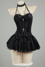 Miss Misa Gothic Black Corset Skirt Set Lace-up Halter Corset and Layered Skirt with Gloves
