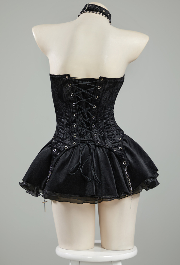 Miss Misa Gothic Black Corset Skirt Set Lace-up Halter Corset and Layered Skirt with Gloves