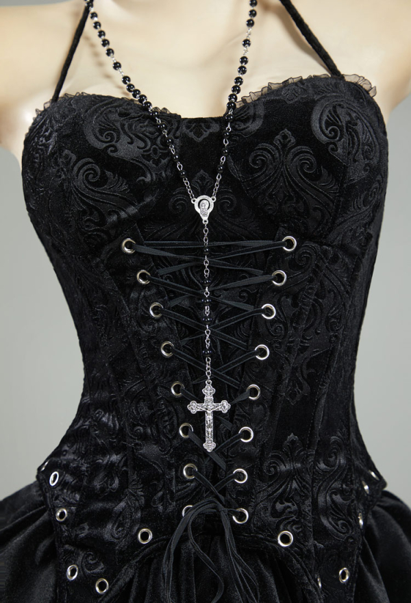 Miss Misa Gothic Black Corset Skirt Set Lace-up Halter Corset and Layered Skirt with Gloves