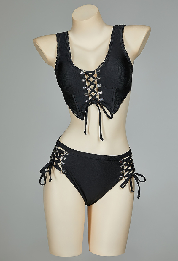 Gothic Black Cross Strap Two-Piece Swimsuit Bikini Set Top and Bottoms Bathing Suit Gothic Black Cross Strap Two-Piece Swimsuit Bikini Set Top and Bottoms Bathing Suit
