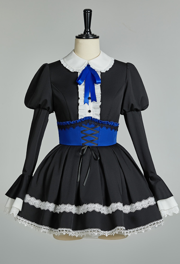 Fallen Angels Gothic Black Lolita Dress Dark Vintage Court Style Lace Long Sleeve Dress with Tie and Socks