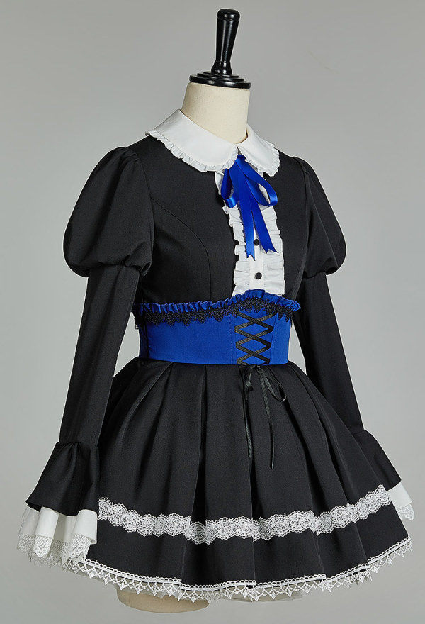 Fallen Angels Gothic Black Lolita Dress Dark Vintage Court Style Lace Long Sleeve Dress with Tie and Socks