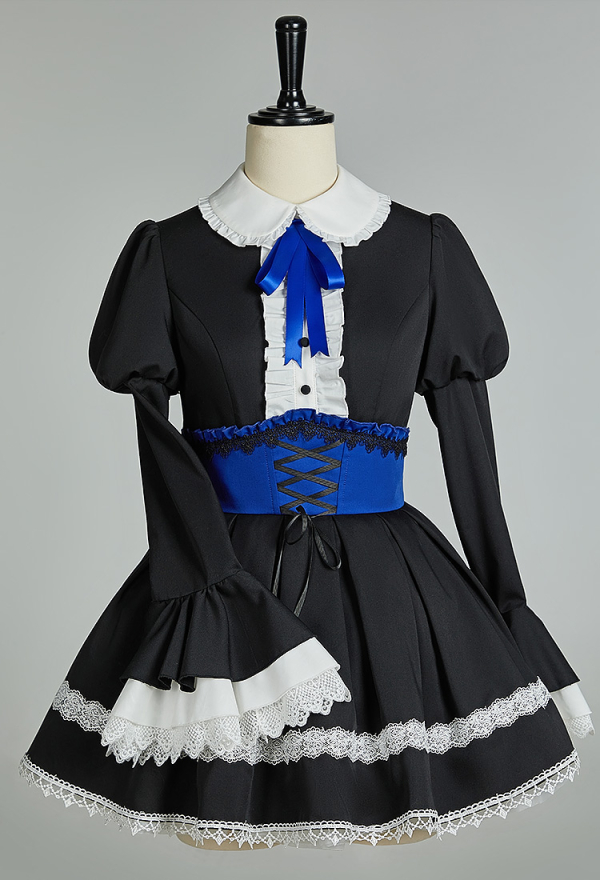 Fallen Angels Gothic Black Lolita Dress Dark Vintage Court Style Lace Long Sleeve Dress with Tie and Socks