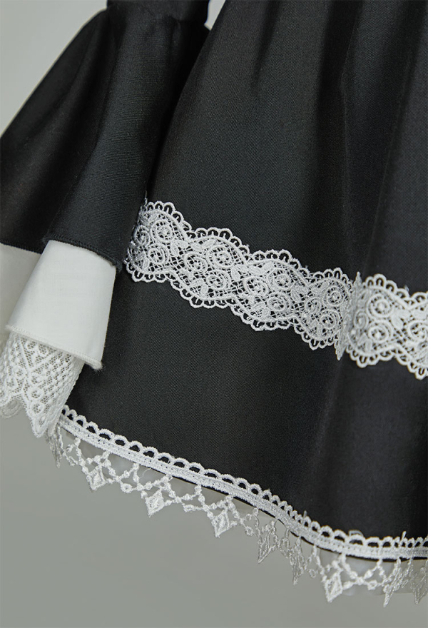 Fallen Angels Gothic Black Lolita Dress Dark Vintage Court Style Lace Long Sleeve Dress with Tie and Socks