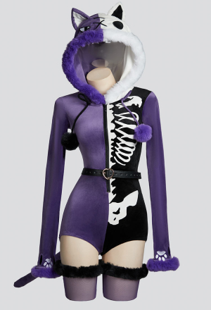 Fallen Angels Gothic Purple Black Colorblock Bodysuit Plush Contrasting Symmetry Skull Pattern Bodysuit with Tail and Belt