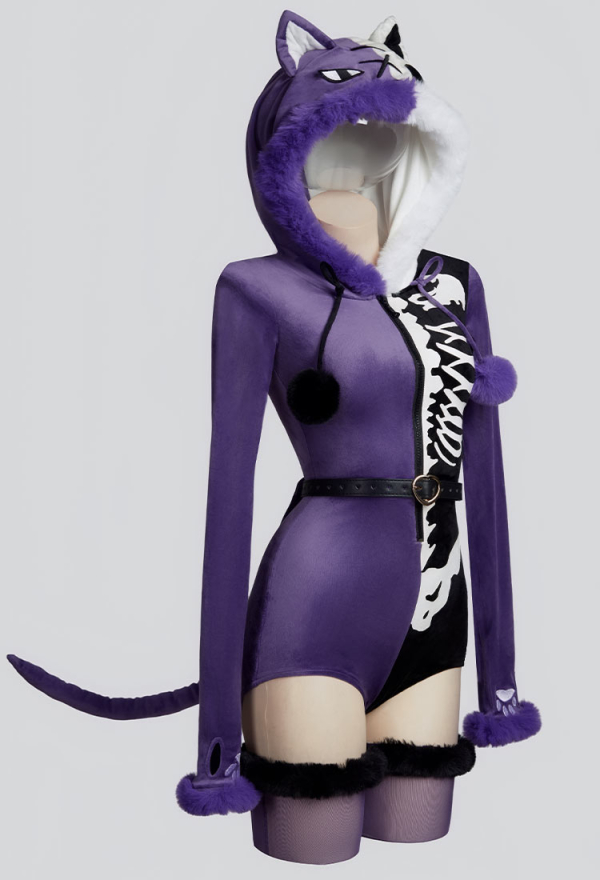 Fallen Angels Gothic Purple Black Colorblock Bodysuit Plush Contrasting Symmetry Skull Pattern Bodysuit with Tail and Belt Fallen Angels Gothic Purple Black Colorblock Bodysuit Plush Contrasting Symmetry Skull Pattern Bodysuit with Tail and Belt