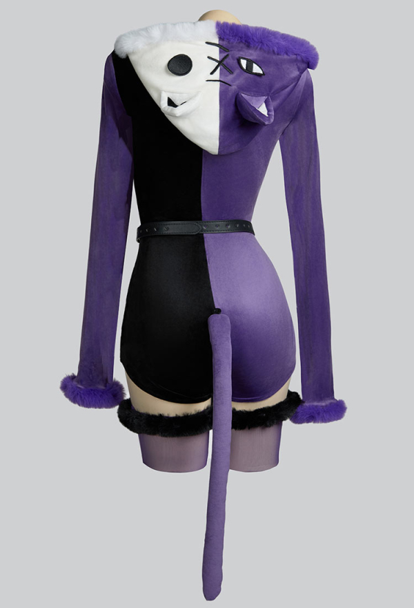 Fallen Angels Gothic Purple Black Colorblock Bodysuit Plush Contrasting Symmetry Skull Pattern Bodysuit with Tail and Belt Fallen Angels Gothic Purple Black Colorblock Bodysuit Plush Contrasting Symmetry Skull Pattern Bodysuit with Tail and Belt