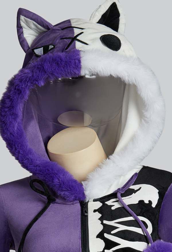 Fallen Angels Gothic Purple Black Colorblock Bodysuit Plush Contrasting Symmetry Skull Pattern Bodysuit with Tail and Belt Fallen Angels Gothic Purple Black Colorblock Bodysuit Plush Contrasting Symmetry Skull Pattern Bodysuit with Tail and Belt