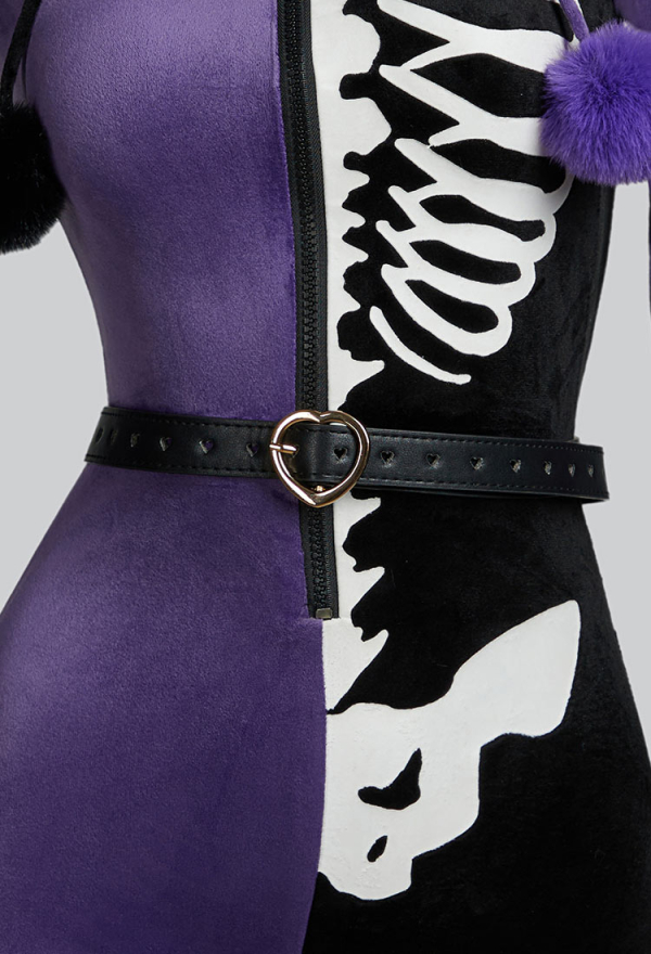 Fallen Angels Gothic Purple Black Colorblock Bodysuit Plush Contrasting Symmetry Skull Pattern Bodysuit with Tail and Belt Fallen Angels Gothic Purple Black Colorblock Bodysuit Plush Contrasting Symmetry Skull Pattern Bodysuit with Tail and Belt