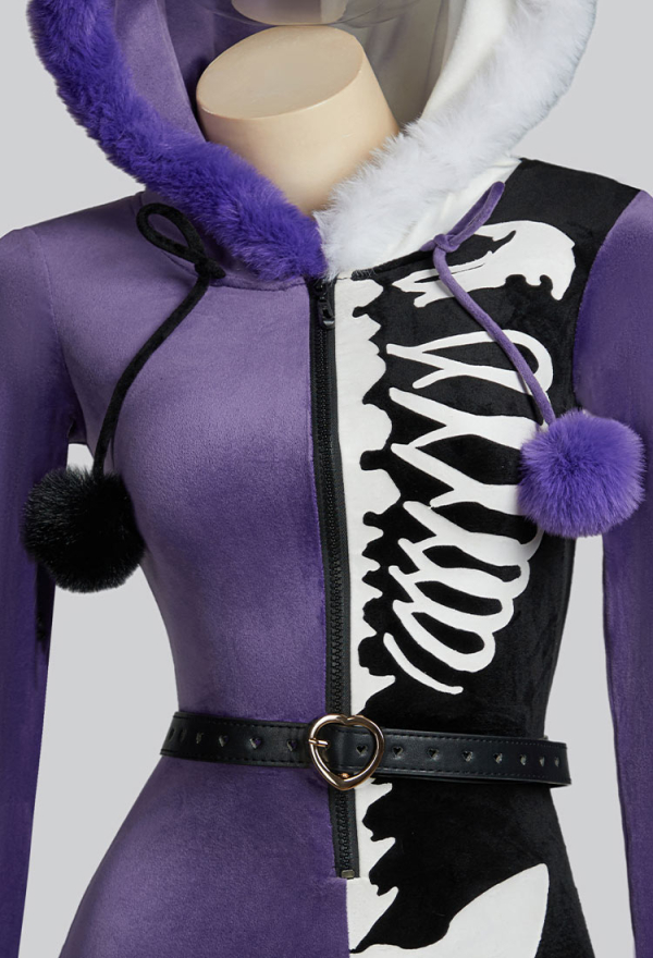 Fallen Angels Gothic Purple Black Colorblock Bodysuit Plush Contrasting Symmetry Skull Pattern Bodysuit with Tail and Belt Fallen Angels Gothic Purple Black Colorblock Bodysuit Plush Contrasting Symmetry Skull Pattern Bodysuit with Tail and Belt