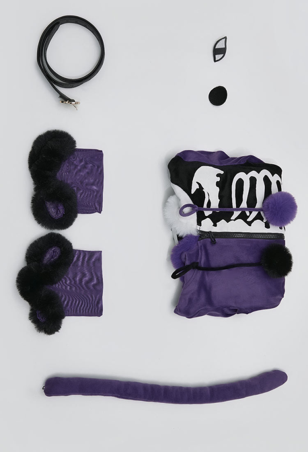 Fallen Angels Gothic Purple Black Colorblock Bodysuit Plush Contrasting Symmetry Skull Pattern Bodysuit with Tail and Belt Fallen Angels Gothic Purple Black Colorblock Bodysuit Plush Contrasting Symmetry Skull Pattern Bodysuit with Tail and Belt