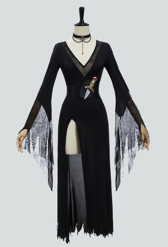 Gothic Black Halloween Costume Dress with Necklace and Belt