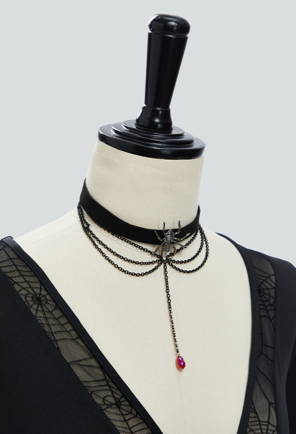 Gothic Black Halloween Costume Dress with Necklace and Belt Gothic Black Halloween Costume Dress with Necklace and Belt