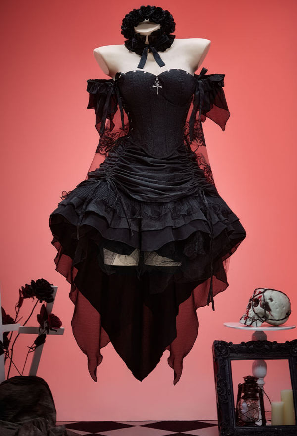 Miss Misa Gothic Black Bride Dress Set Lace-up Top and Layered Skirt with Hairband and Choker Miss Misa Gothic Black Bride Dress Set Lace-up Top and Layered Skirt with Hairband and Choker