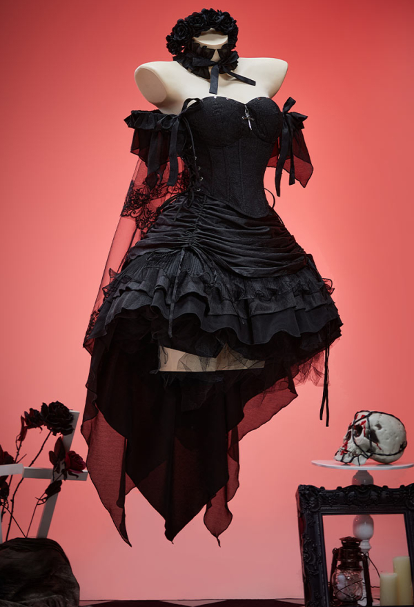 Miss Misa Gothic Black Bride Dress Set Lace-up Top and Layered Skirt with Hairband and Choker Miss Misa Gothic Black Bride Dress Set Lace-up Top and Layered Skirt with Hairband and Choker