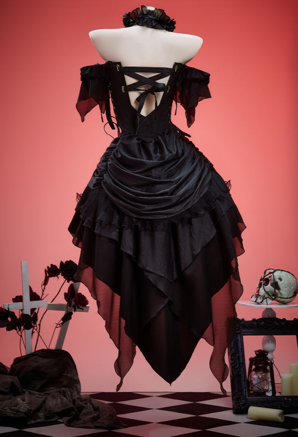 Miss Misa Gothic Black Bride Dress Set Lace-up Top and Layered Skirt with Hairband and Choker Miss Misa Gothic Black Bride Dress Set Lace-up Top and Layered Skirt with Hairband and Choker