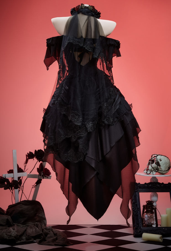 Miss Misa Gothic Black Bride Dress Set Lace-up Top and Layered Skirt with Hairband and Choker Miss Misa Gothic Black Bride Dress Set Lace-up Top and Layered Skirt with Hairband and Choker