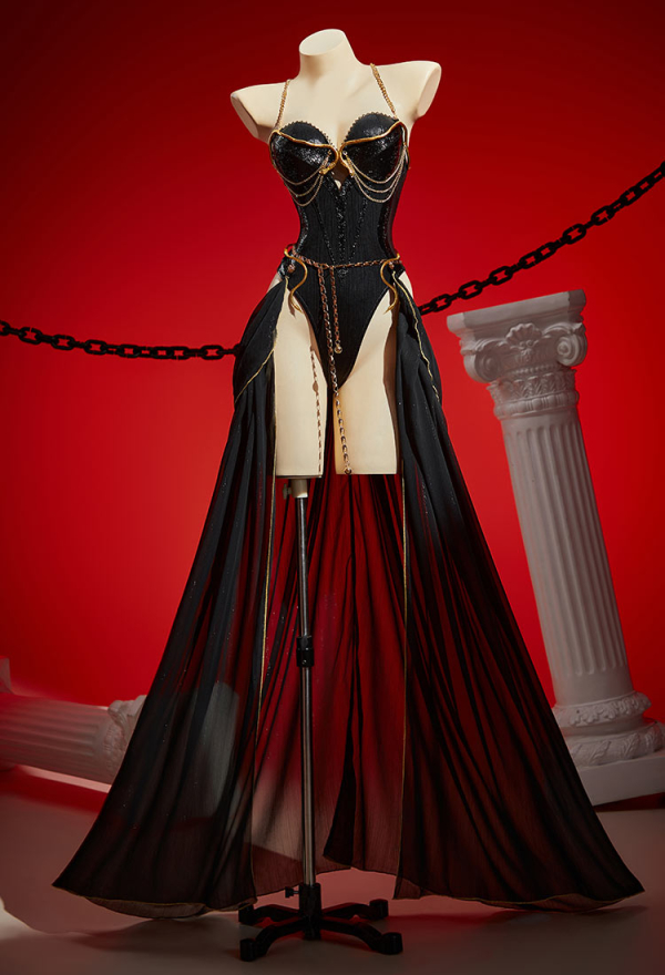 Venomous Beauty Gothic Sexy Medusa Bodysuit Set Black Shiny Bodysuit with Dress Tail and Snake Accessory