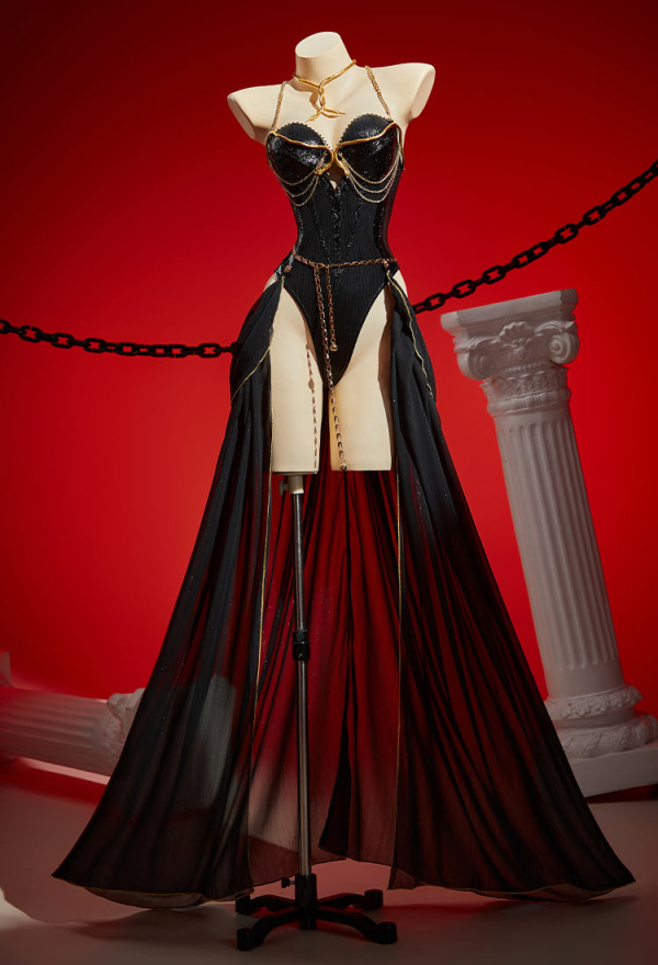 Venomous Beauty Gothic Sexy Medusa Bodysuit Set Black Shiny Bodysuit with Dress Tail and Snake Accessory