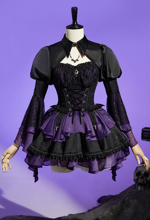 Haunted Night Gothic Black Purple Corset Skirt Set Lace-up Corset and Layered Skirt with Cover-up