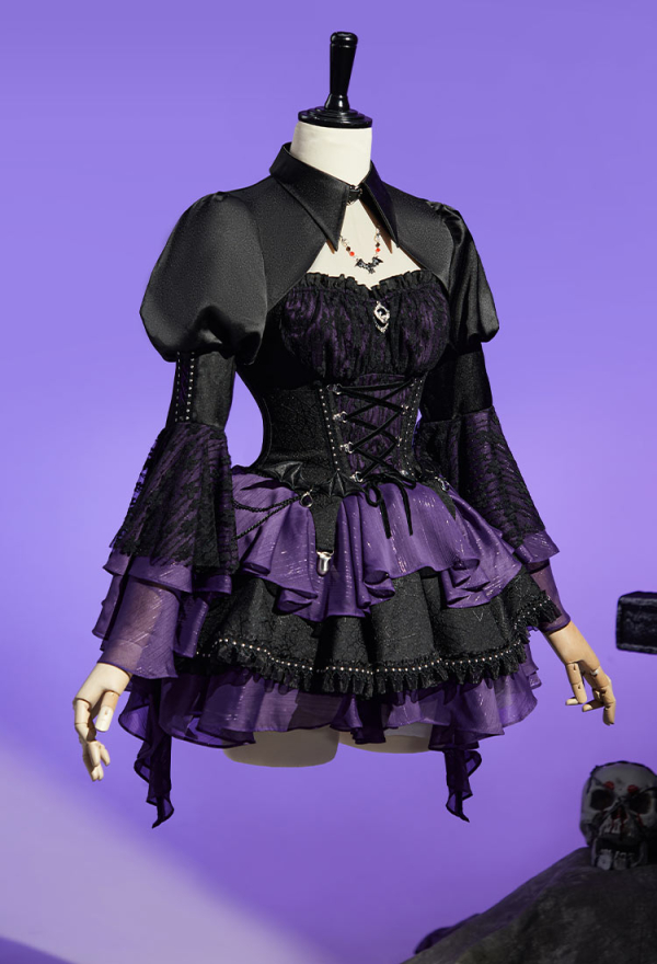 Haunted Night Gothic Black Purple Corset Skirt Set Lace-up Corset and Layered Skirt with Cover-up