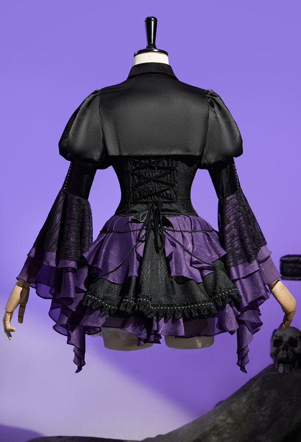 Haunted Night Gothic Black Purple Corset Skirt Set Lace-up Corset and Layered Skirt with Cover-up