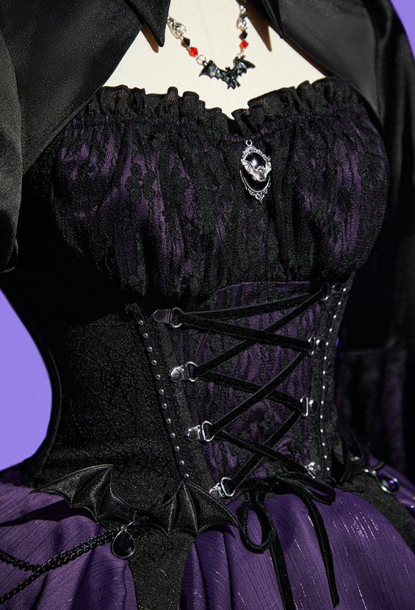 Haunted Night Gothic Black Purple Corset Skirt Set Lace-up Corset and Layered Skirt with Cover-up