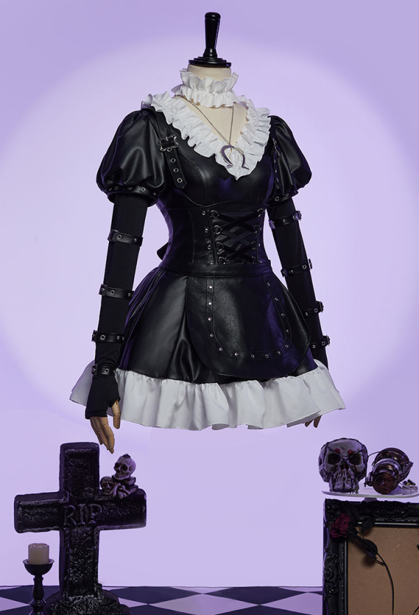 Dark Alice Halloween Cosplay Costume Dress Alice Steam PU Dress Halloween Party Outfit