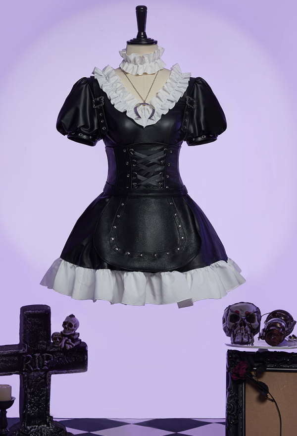 Dark Alice Halloween Cosplay Costume Dress Alice Steam PU Dress Halloween Party Outfit