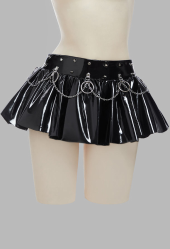 Dark Rebel Gothic Style Skirt Black Shiny Leather Short Mini Skirt with Chains