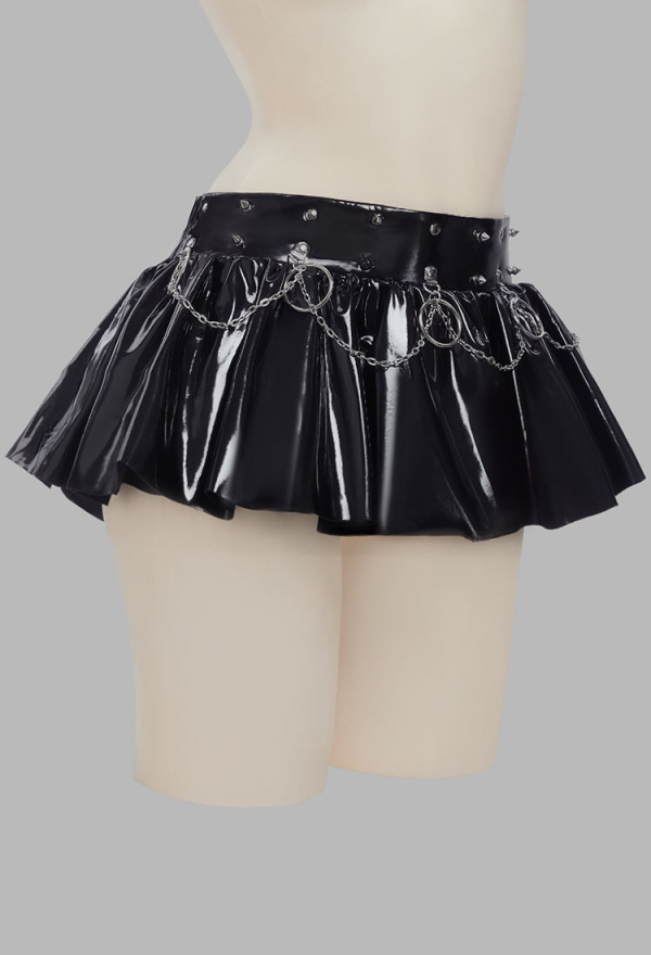 Dark Rebel Gothic Style Skirt Black Shiny Leather Short Mini Skirt with Chains