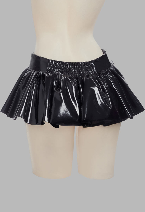 Dark Rebel Gothic Style Skirt Black Shiny Leather Short Mini Skirt with Chains