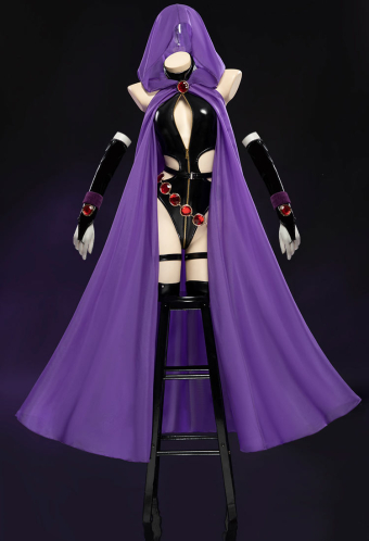 Love Healer Gothic Sexy Black Halter Backless Bodysuit Cutout Leather Bodysuit with Hooded Cape and Belt