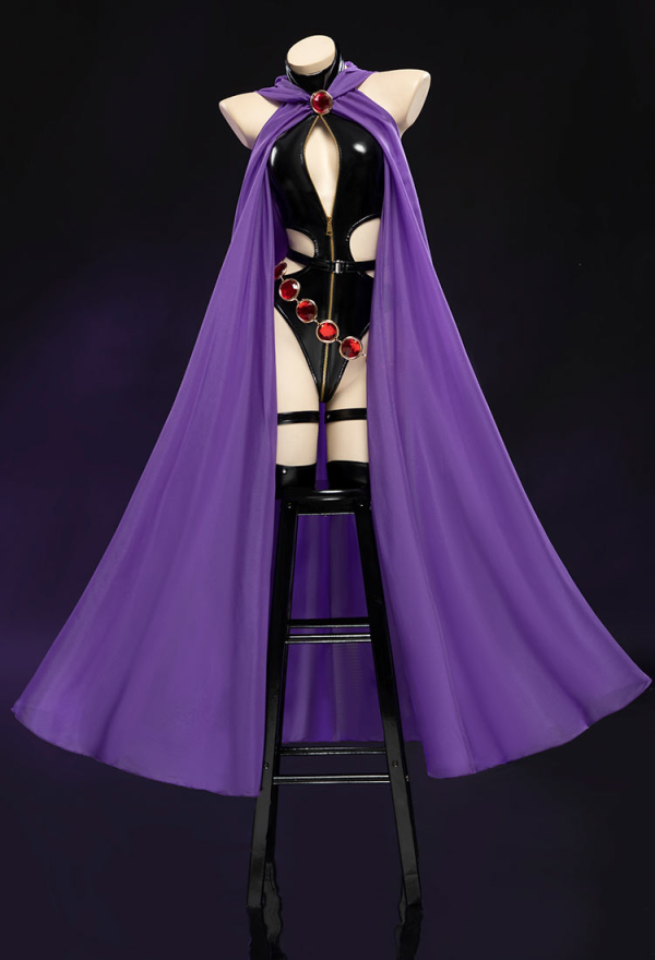 Love Healer Gothic Sexy Black Halter Backless Bodysuit Cutout Leather Bodysuit with Hooded Cape and Belt