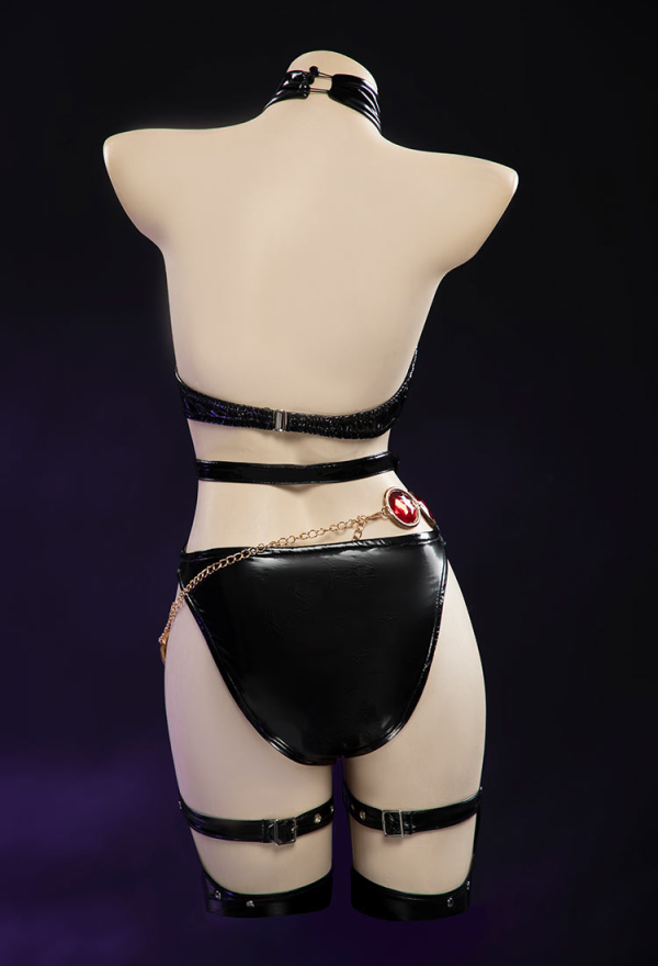 Love Healer Gothic Sexy Black Halter Backless Bodysuit Cutout Leather Bodysuit with Hooded Cape and Belt
