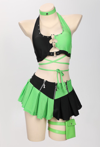 Green Menace Gothic Black Green Swimsuit Two-Piece Bathing Suit with Halter Top and Mini Skirt
