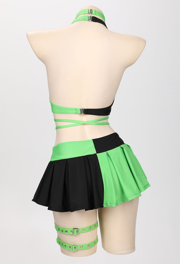 Green Menace Gothic Black Green Swimsuit Two-Piece Bathing Suit with Halter Top and Mini Skirt Green Menace Gothic Black Green Swimsuit Two-Piece Bathing Suit with Halter Top and Mini Skirt