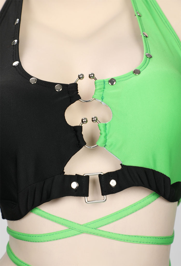 Green Menace Gothic Black Green Swimsuit Two-Piece Bathing Suit with Halter Top and Mini Skirt Green Menace Gothic Black Green Swimsuit Two-Piece Bathing Suit with Halter Top and Mini Skirt