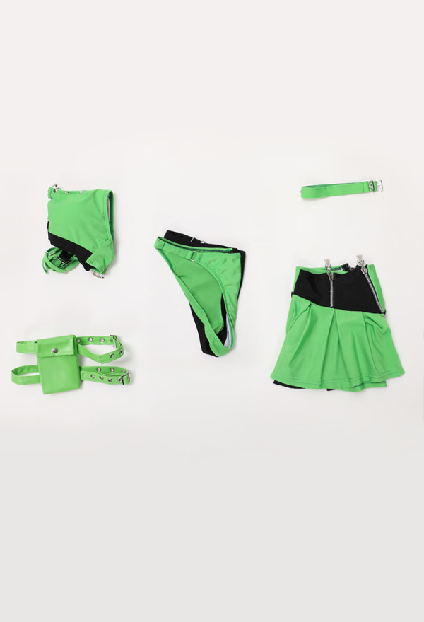 Green Menace Gothic Black Green Swimsuit Two-Piece Bathing Suit with Halter Top and Mini Skirt Green Menace Gothic Black Green Swimsuit Two-Piece Bathing Suit with Halter Top and Mini Skirt