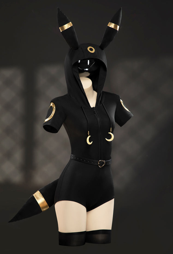 Moonlight Fox Dark Gray Romper Hooded Bodysuit with Sleeves Stockings Belt and Tail